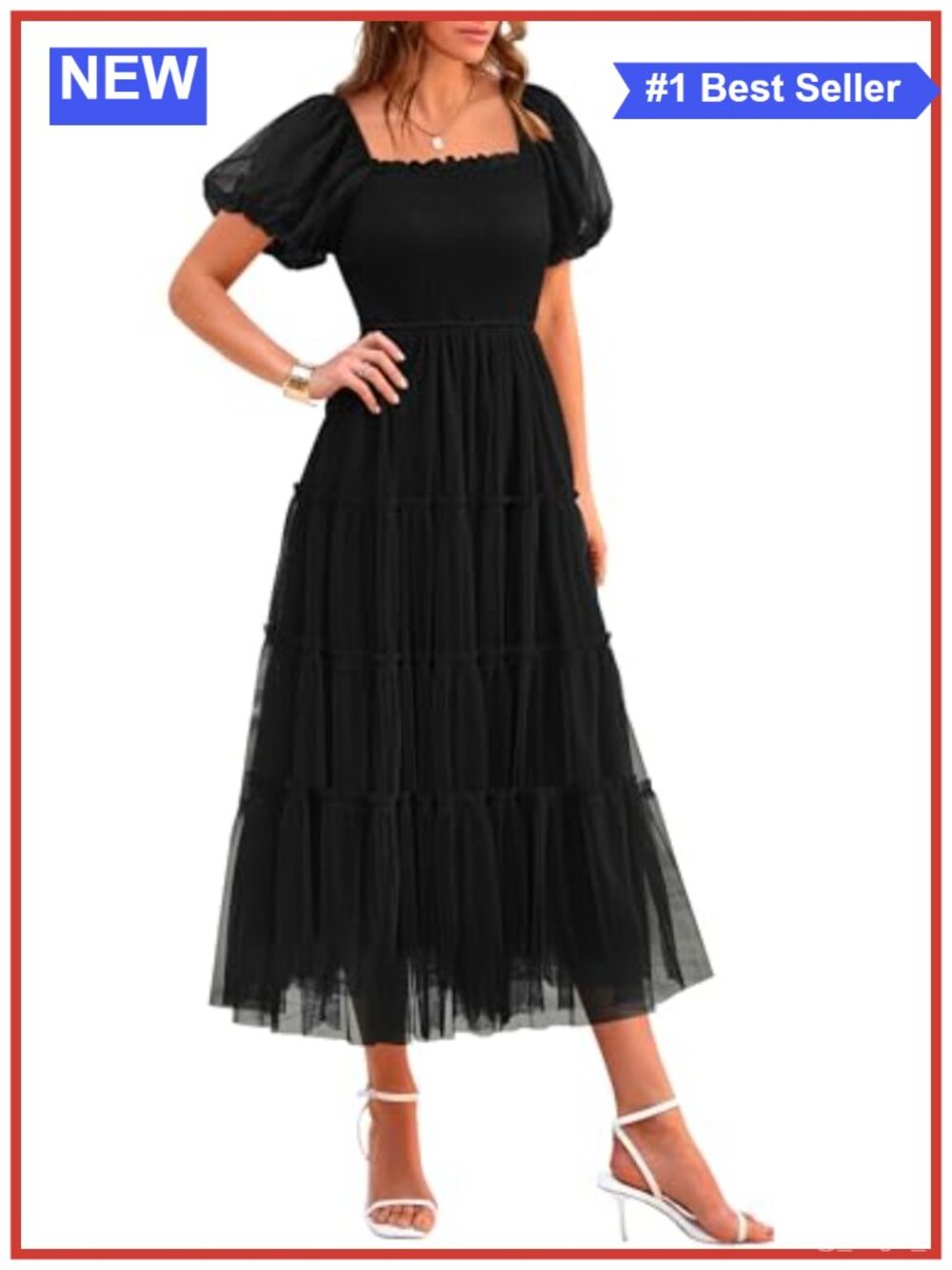 Women's Smocked Midi Tulle Dress Short Sleeve Tiered Ruffle